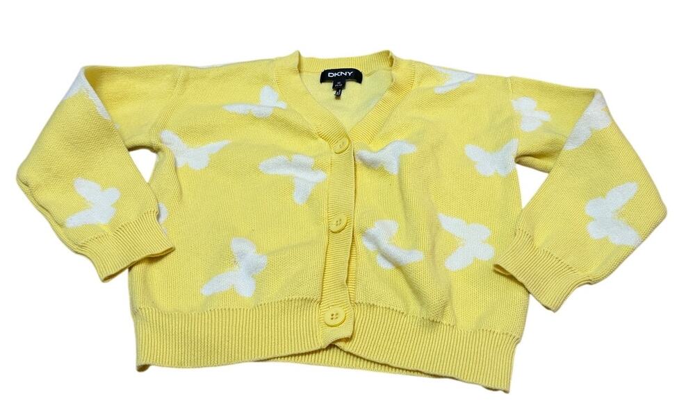 DKNY Girls 100% Cotton Butterfly Cardigan - Yellow/White - Size XS (5/6)